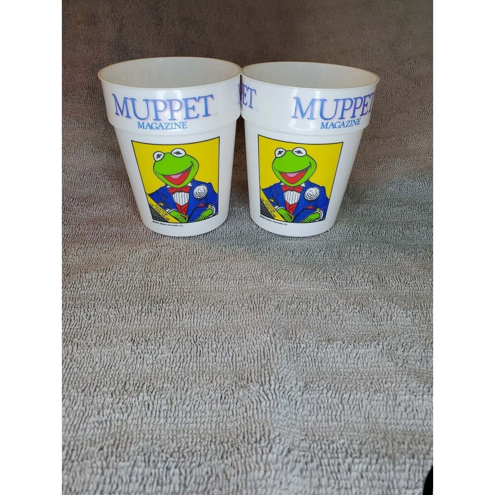 1985 HTF MUPPETS MAGAZINE Kermit the Frog "Editor of the Year" Plastic Cup 2 set